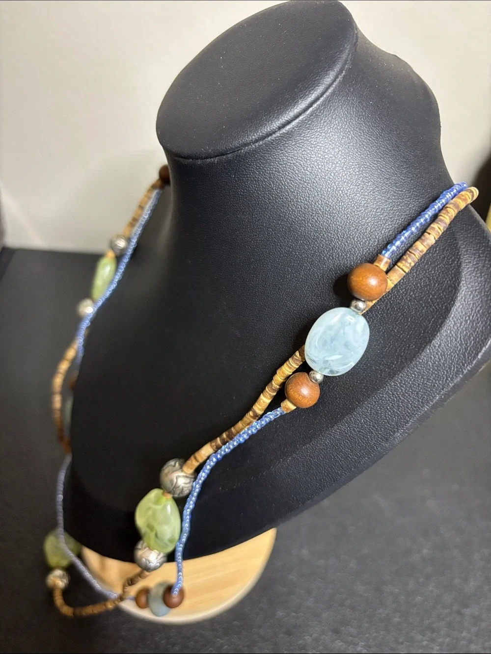 Handcrafted Boho Wood Muti Media Blue and Green Beaded Layered Necklace